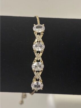 Gold Plated CZ Tennis Bracelet Adjustable Slider Chain Oval Stone Bracelet